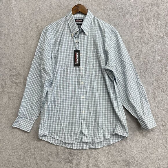 NEW Kirkland Signature Men's 16 Traditional Fit Button down Shirt Green Plaid - Picture 2 of 8